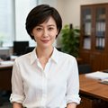 一位干练的短发职业女性头像，穿着白色衬衫，背景为办公室